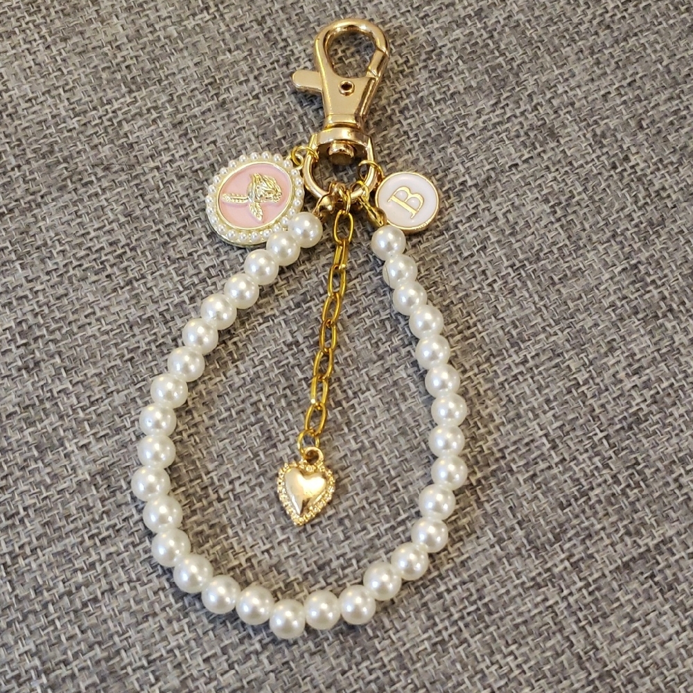 Elegant Pearl and Gold Bag Charm With Letter B